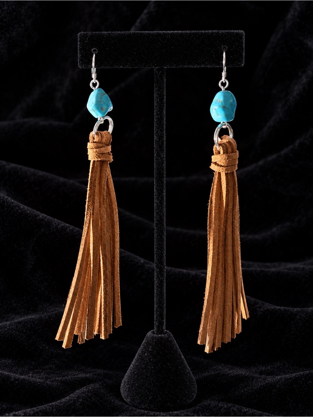 Turquoise Stone & Tan Suede Tassel Earrings